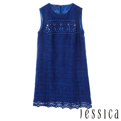 JESSICA:氣質鏤空珠飾菱格造型無袖洋裝